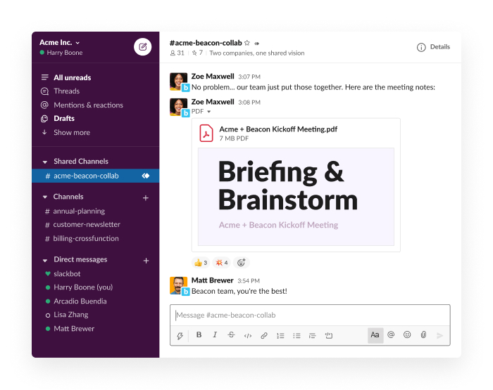 Sample image of a company dashboard on Slack