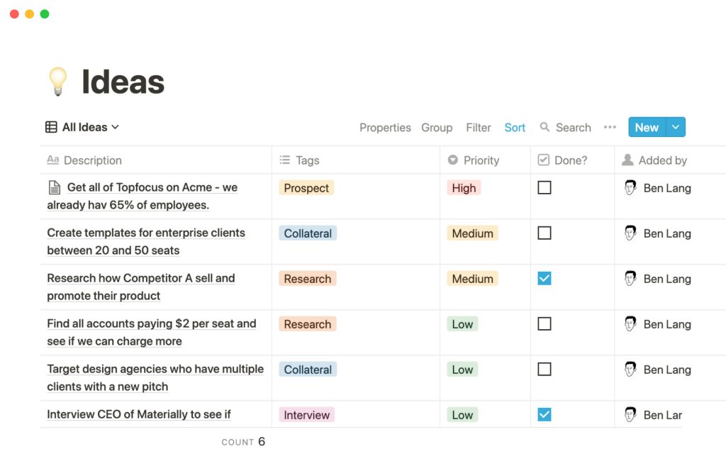 Screenshot of a Notion database