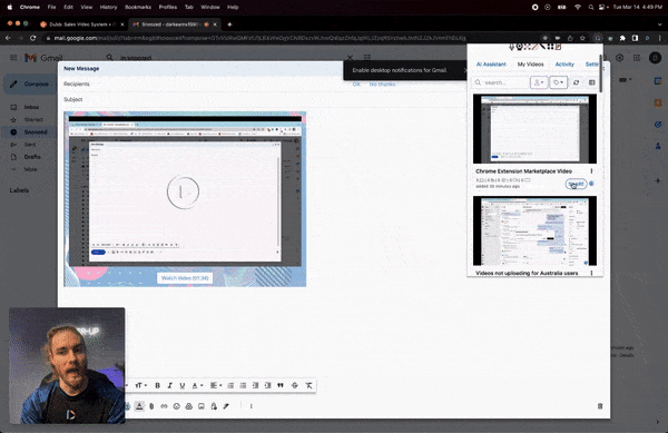Using the "Optimize for" feature on the Dubb Chrome extension to share videos through any CRM platform