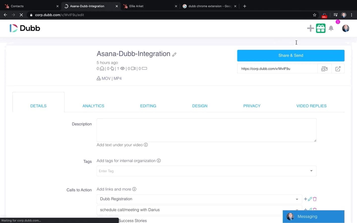 Dubb Share & Send feature for easy sending through HubSpot
