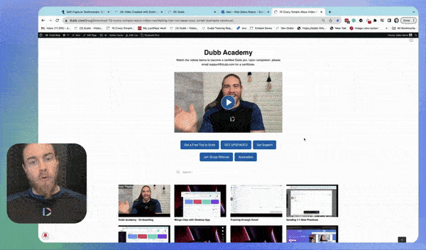 Scrolling through a Dubb Showcase page displaying several testimonial videos, demo videos, and more