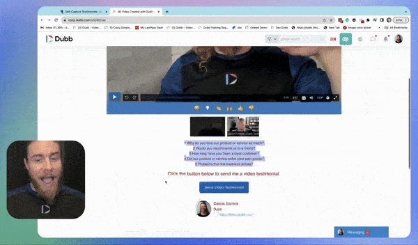 Clicking on a Dubb video reply button to submit a testimonial video