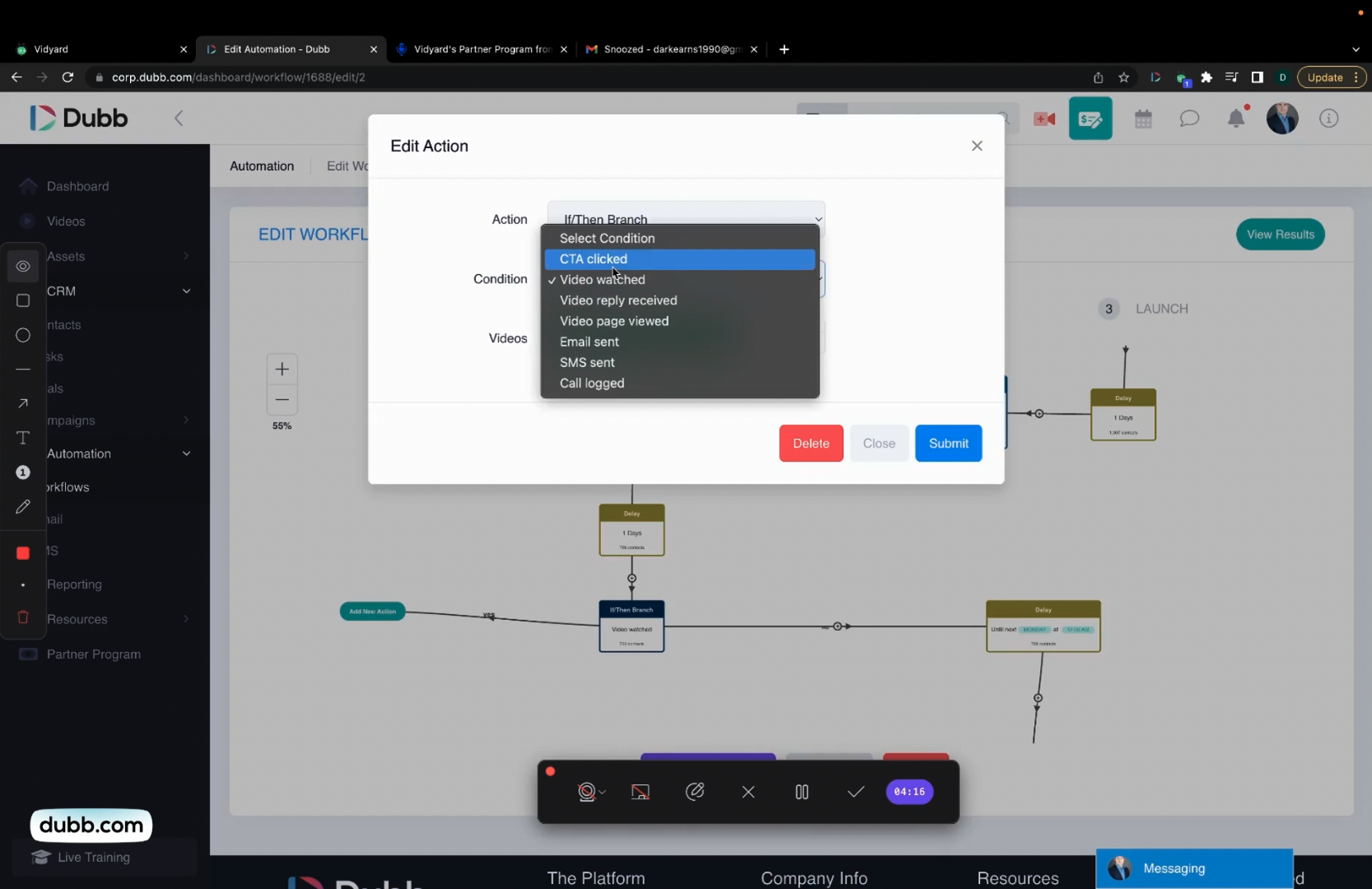 List of conditions to select from for an automated workflow built inside of Dubb