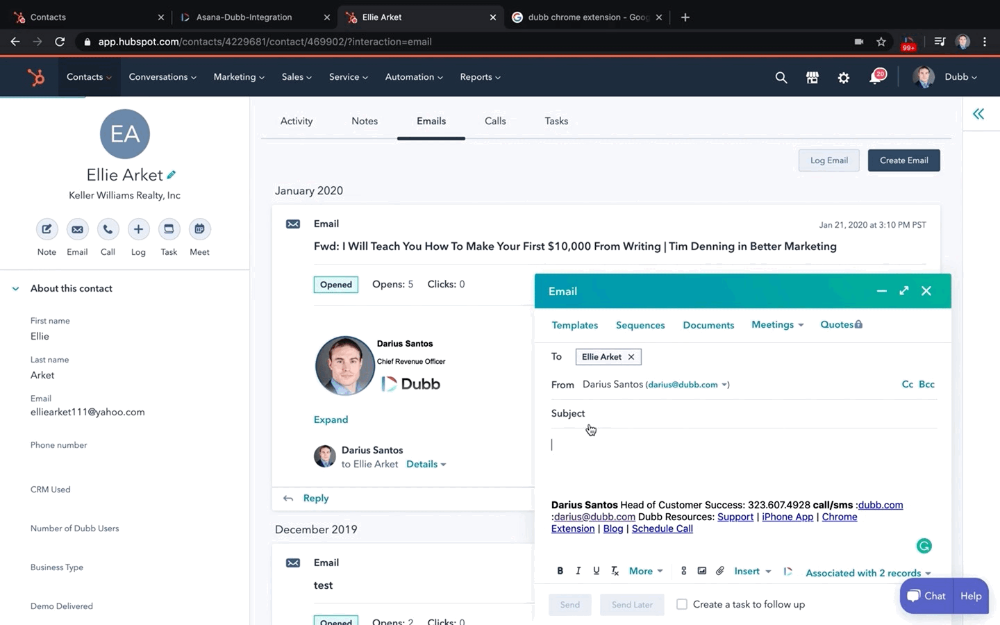 An animated GIF preview for a Dubb video on a HubSpot contact page