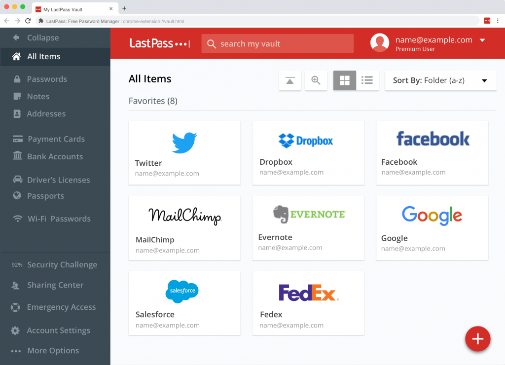 Screenshot of a sample LastPass vault